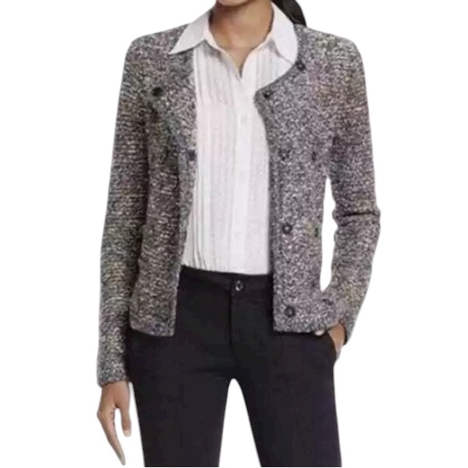 Cabi "Ritz" Brown/Grey/Cream Boucle Knit Tweed Double Breasted Sweater M